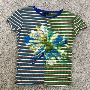 Desigual Striped Daisy Graphic Tee - Blue, Green, Yellow